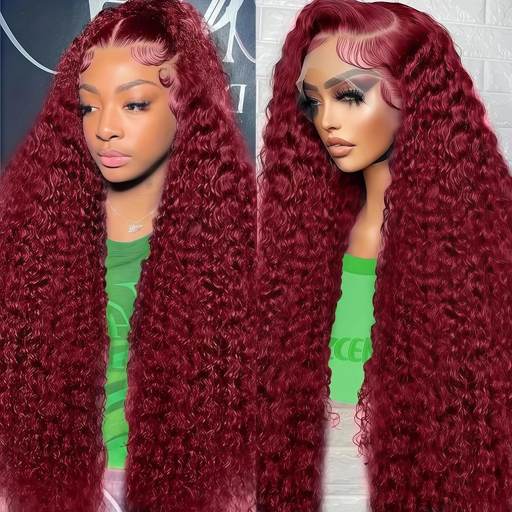 Lace Front Wig - 99J Burgundy Colored Deep Wave 200